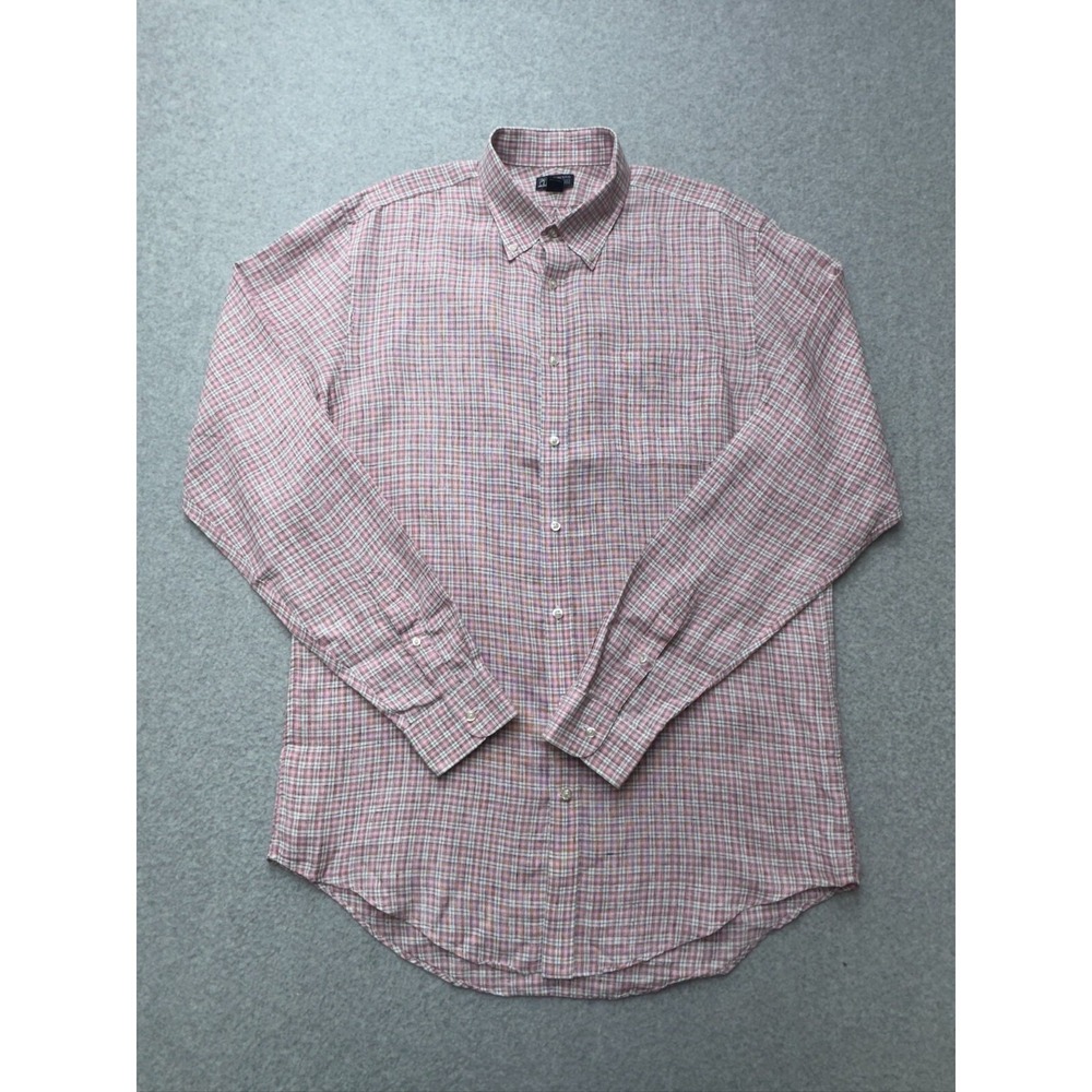 Lands' End Dress Shirt Mens 16.5 36/37 Pink Check Tailored Irish Linen Tall